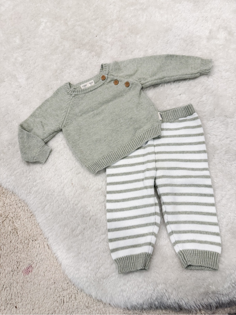 Knit Baby Sweater & Striped Pants Set — Sage Green & White
